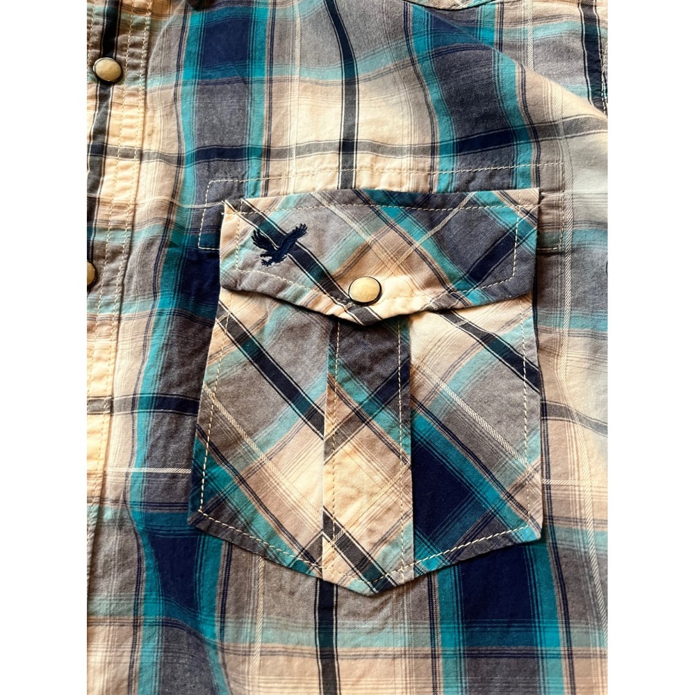 American Eagle Western Shirt Mens‎ XL Plaid Pearl Snap Cowboy Vintage Fit Blue - Picture 4 of 10